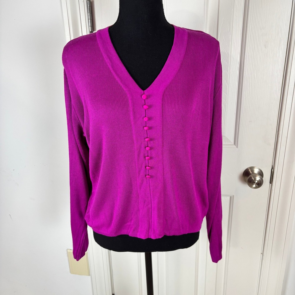 Dana Buchman Magenta Vintage Purple V-Neck Ribbed Knit Partial Button Cardigan M